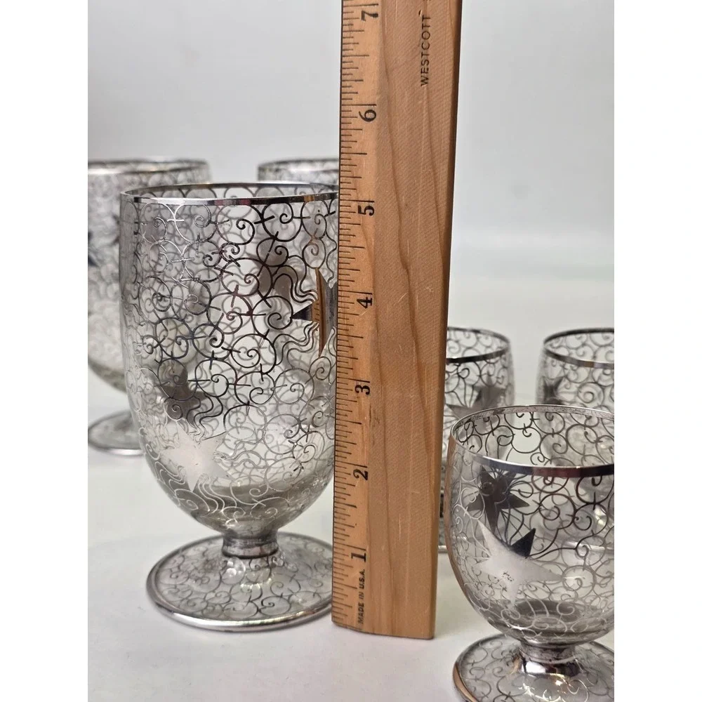 Vintage Saint Graal Silver Overlay Crystal Decanter & Glasses Cosmic Star France